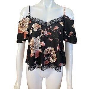 Free Press Clothing black pink floral off the shoulder short sleeve crop top M